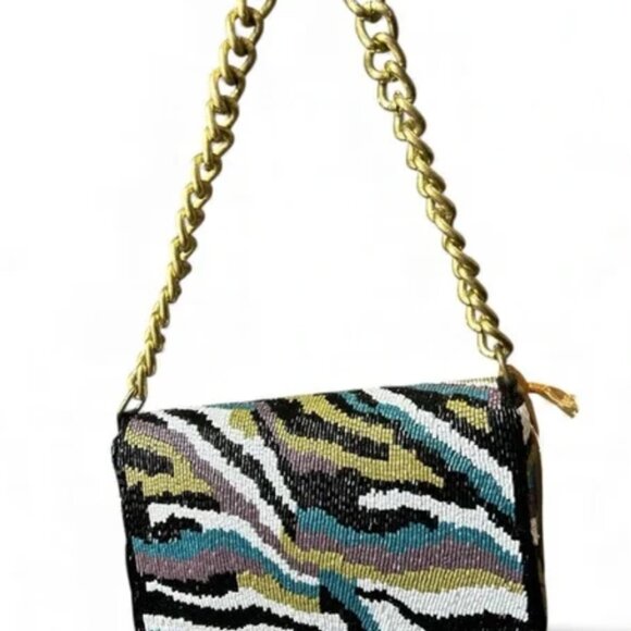 Hand Made in India Beaded Shoulder Abstract Design Bag Thick Chain NWT - Picture 4 of 6